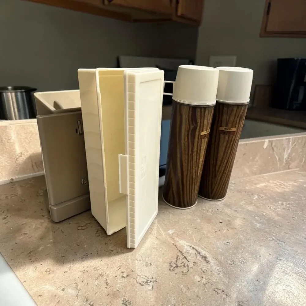 Vintage Thermos Set with Case Woodgrain Mid Century Picnic Thermos King Seeley